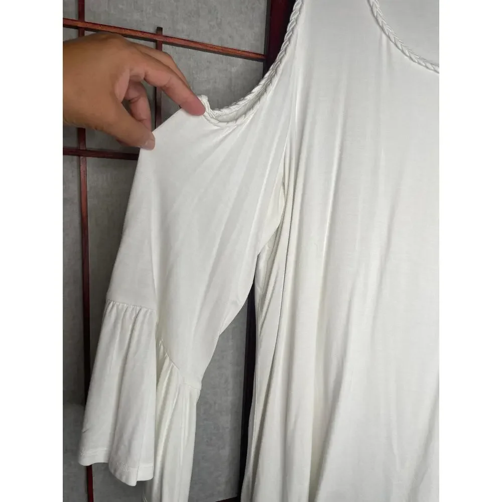 UGC Chico's White Cold Shoulder Bell Sleeve Blouse Braided Trim Boho Flowy Top L - Picture 6 of 9
